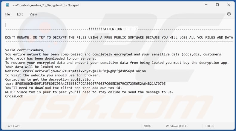 CrossLock ransomware text file (---CrossLock_readme_To_Decrypt---.txt)