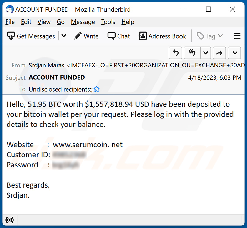 Deposited Into Your Bitcoin Portfolio spam email (2023-04-19)