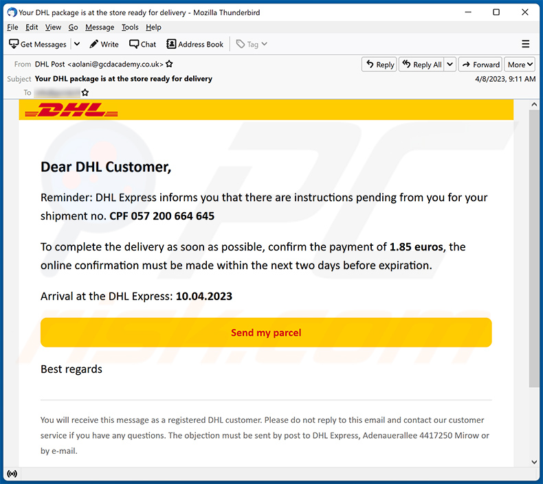 DHL Express Shipment Confirmation scam email (2023-04-20)