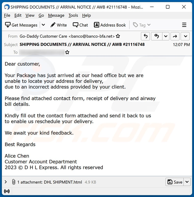 DHL ARRIVAL NOTICE scam email (2023-04-04)