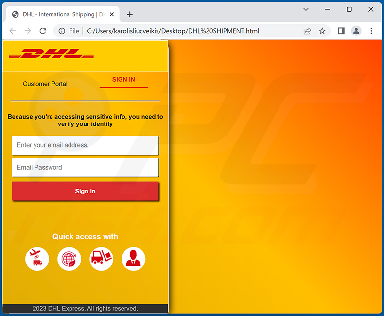 HTML attachment distributed via DHL ARRIVAL NOTICE scam email (2023-04-04)