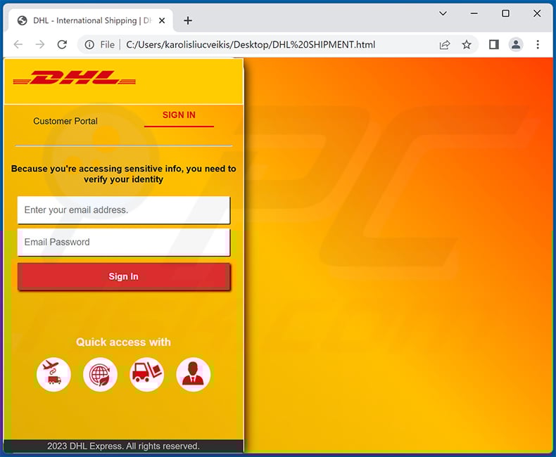HTML attachment distributed via DHL ARRIVAL NOTICE scam email (2023-04-04)