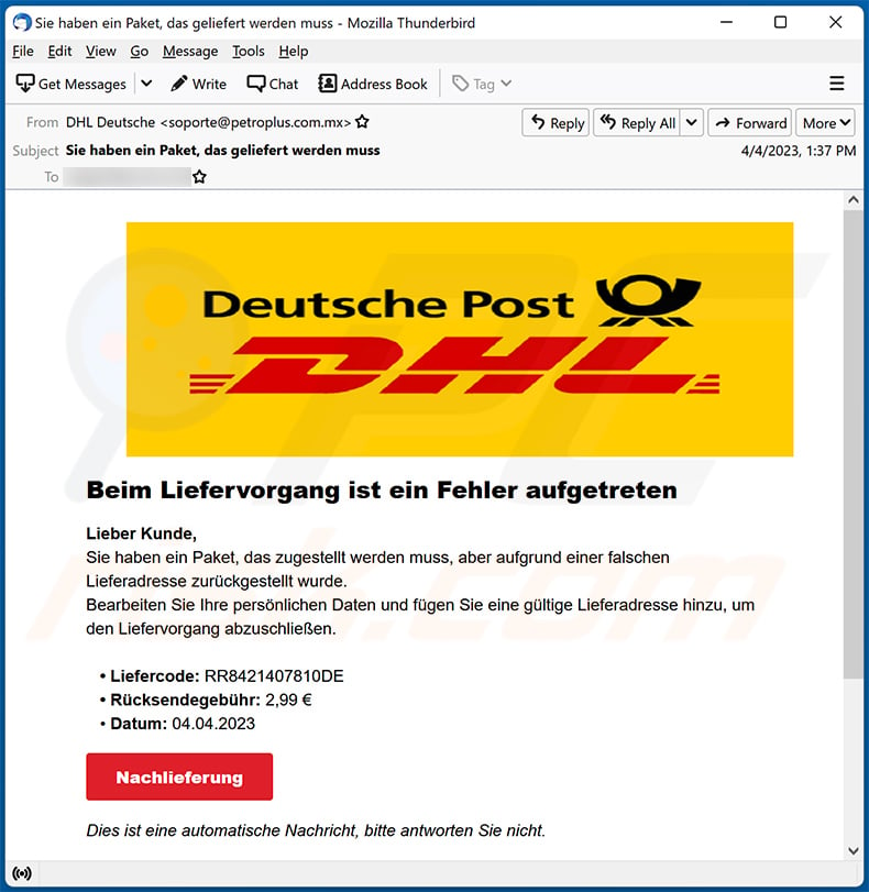 German variant of DHL undelivered package spam email