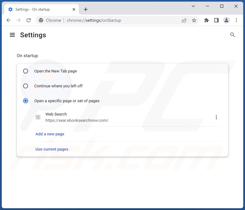 Removing sear.ebooksearchnow.com from Google Chrome homepage