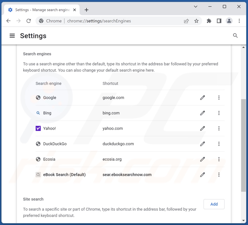 Removing sear.ebooksearchnow.com from Google Chrome default search engine