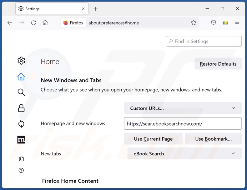 Removing sear.ebooksearchnow.com from Mozilla Firefox homepage
