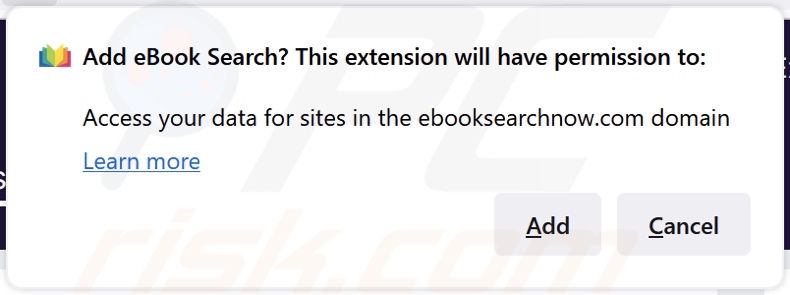 eBook Search browser hijacker asking for permissions