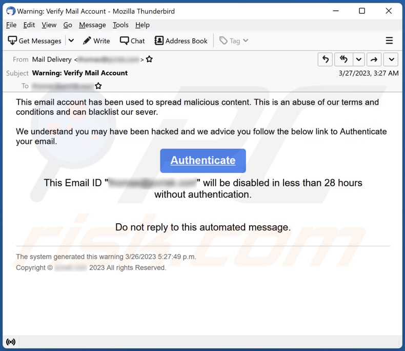 Email Account Has Been Used To Spread Malicious Content scam