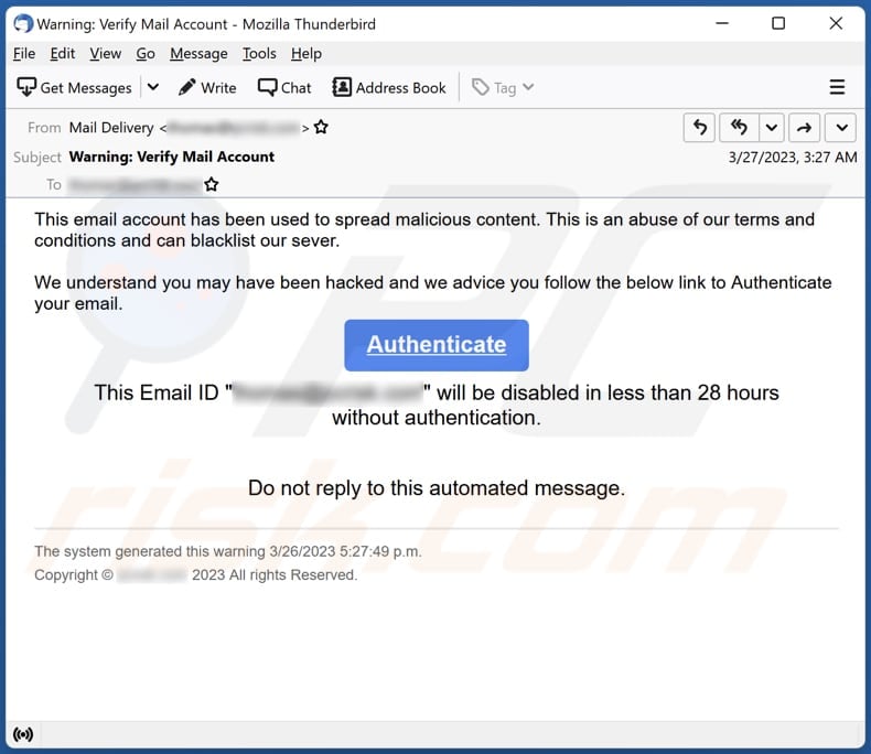 Email Account Has Been Used To Spread Malicious Content scam