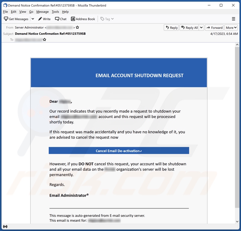 EMAIL ACCOUNT SHUTDOWN REQUEST email spam campaign