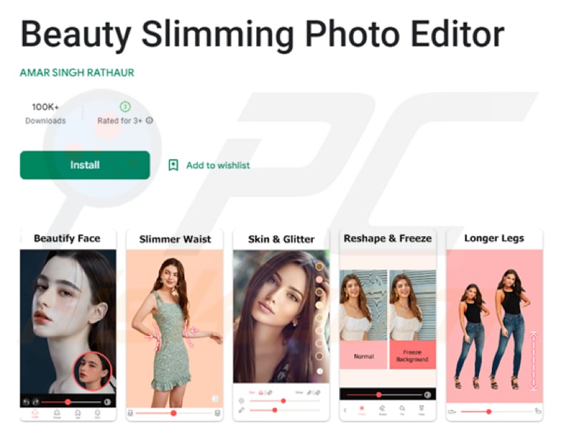 Fleckpe trojan malicious app example 1 (Beauty Slimming Photo Editor)