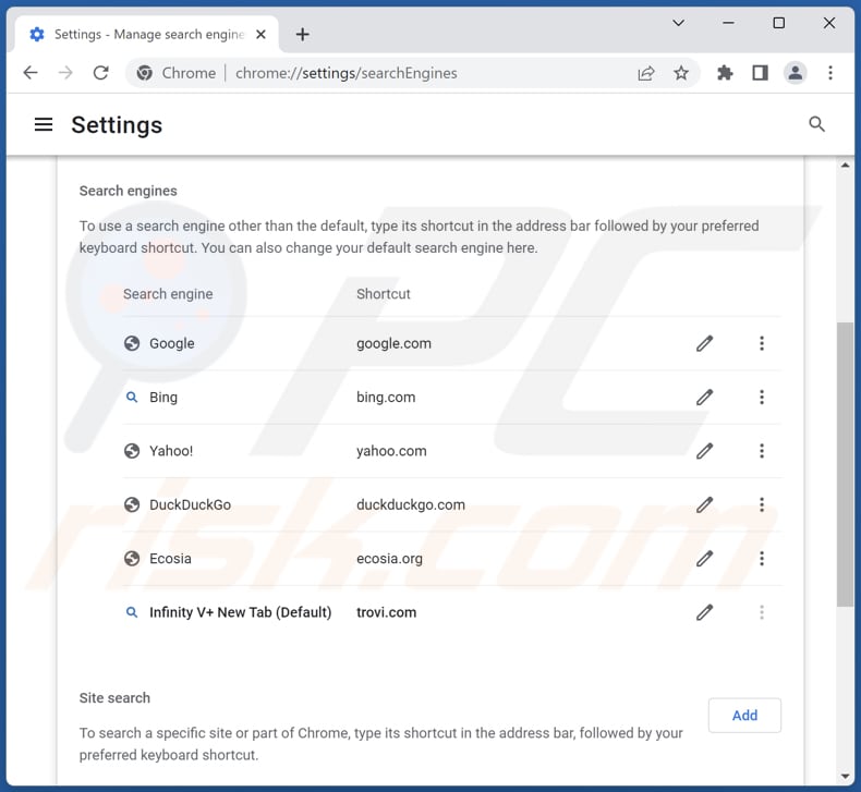 Removing trovi.com from Google Chrome default search engine