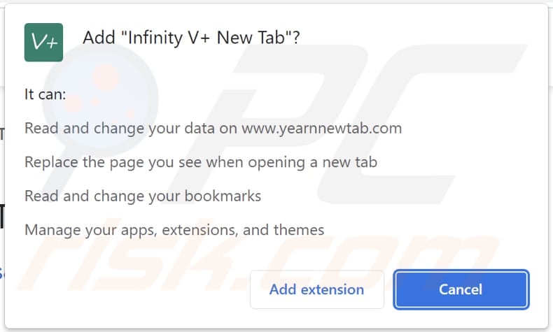 Infinity V+ New Tab browser hijacker asking for permissions