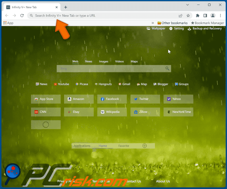 Infinity V+ New Tab browser hijacker trovi.com shows bing results