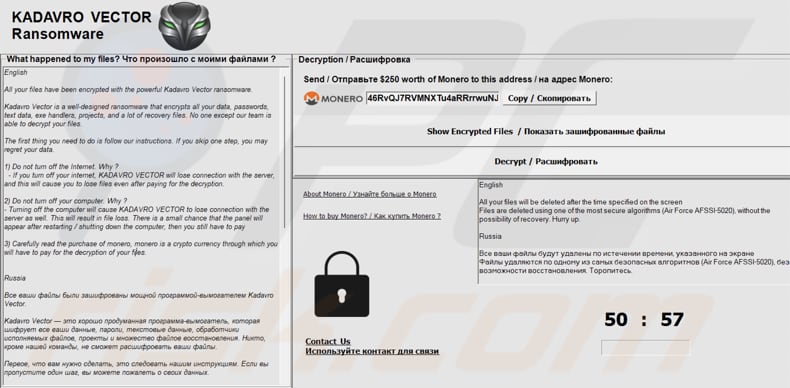 Kadavro Vector ransomware ransom note