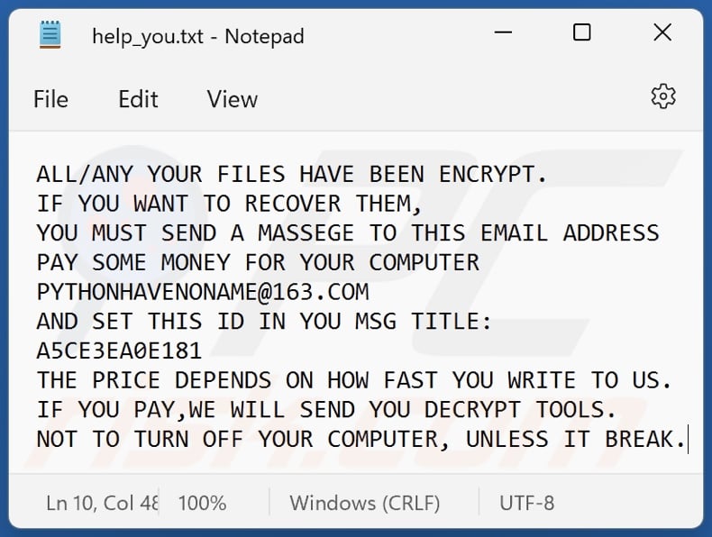 Kafan ransomware ransom note (help_you.txt)
