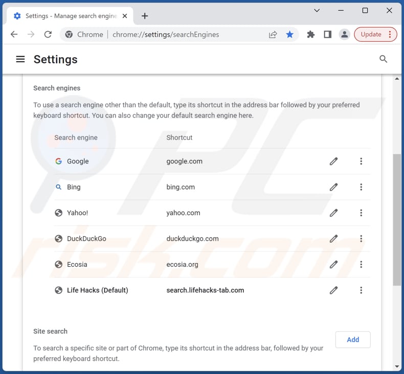 Removing search.lifehacks-tab.com from Google Chrome default search engine