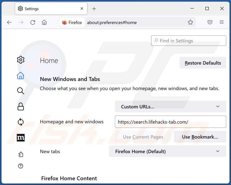 Removing search.lifehacks-tab.com from Mozilla Firefox homepage
