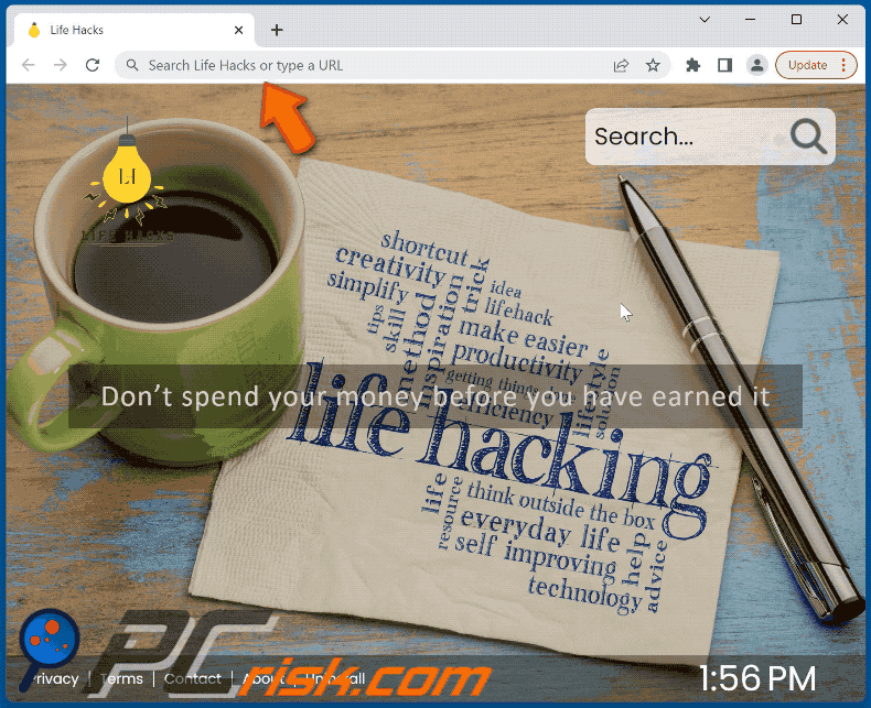 Life Hacks browser hijacker search.lifehacks-tab.com shows bing results