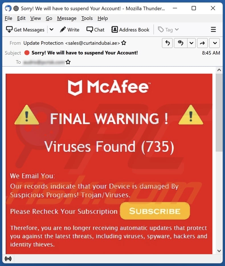 McAfee FINAL WARNING email spam campaign