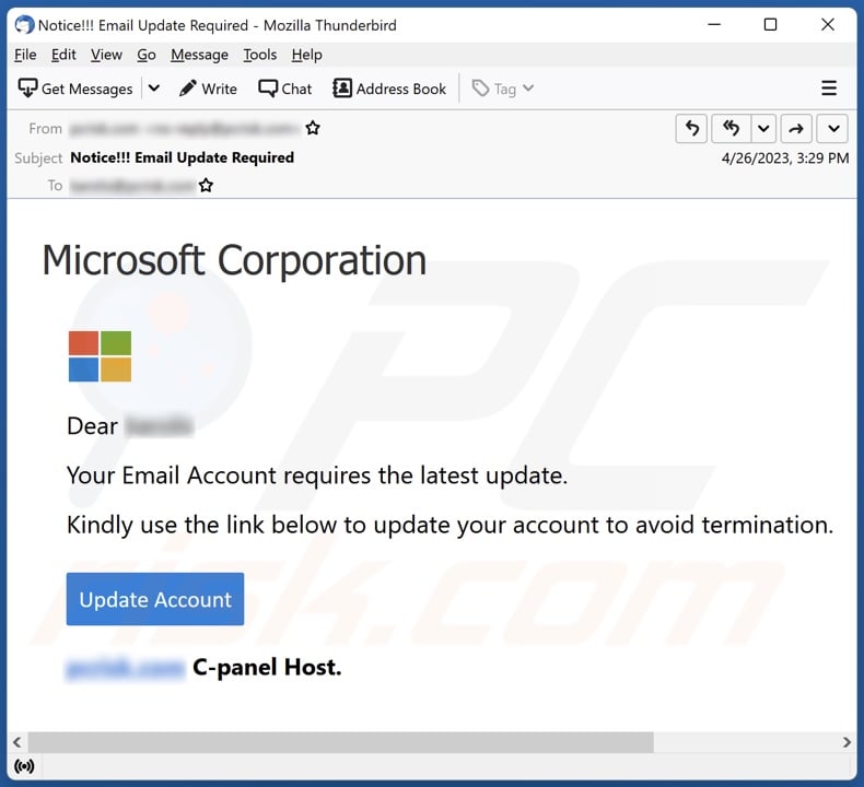 Microsoft Corporation - Email Account Update email spam campaign