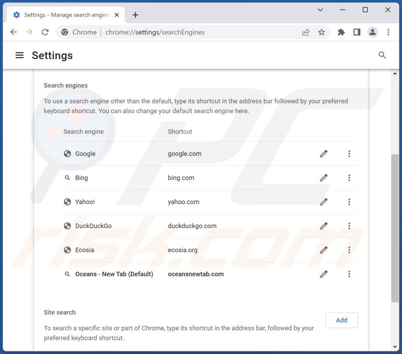 Removing oceansnewtab.com from Google Chrome default search engine