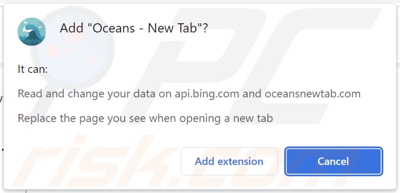Oceans - New Tab browser hijacker asking for permissions