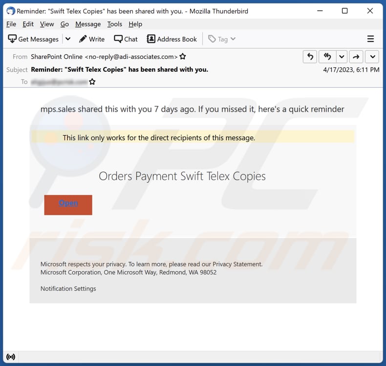 Orders Payment Swift Telex Copies email spam campaign