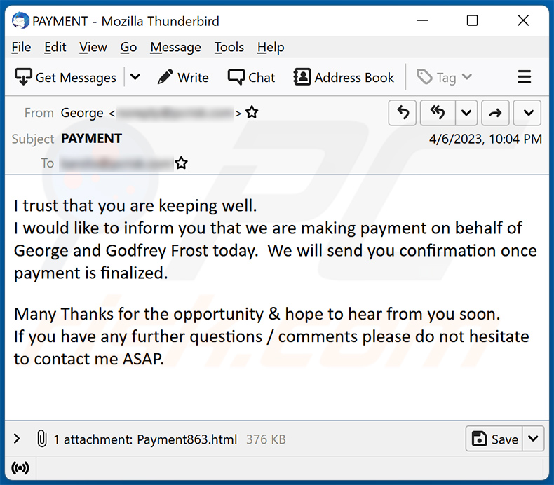 Payment On Behalf Of George And Godfrey Frost scam email (2023-04-07)