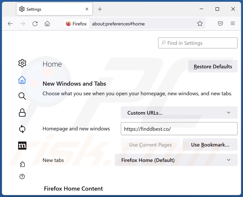 Removing finddbest.co from Mozilla Firefox homepage