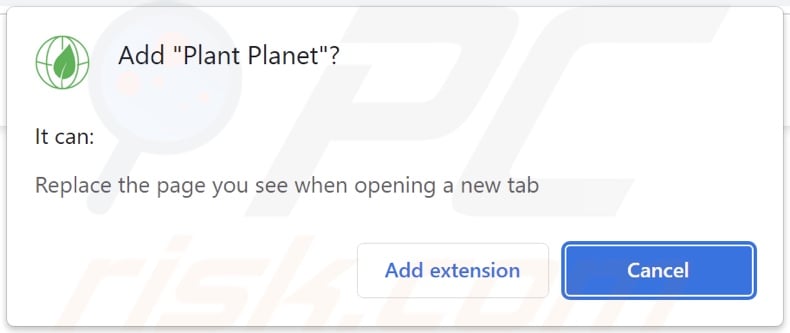 Plant Planet browser hijacker asking for permissions