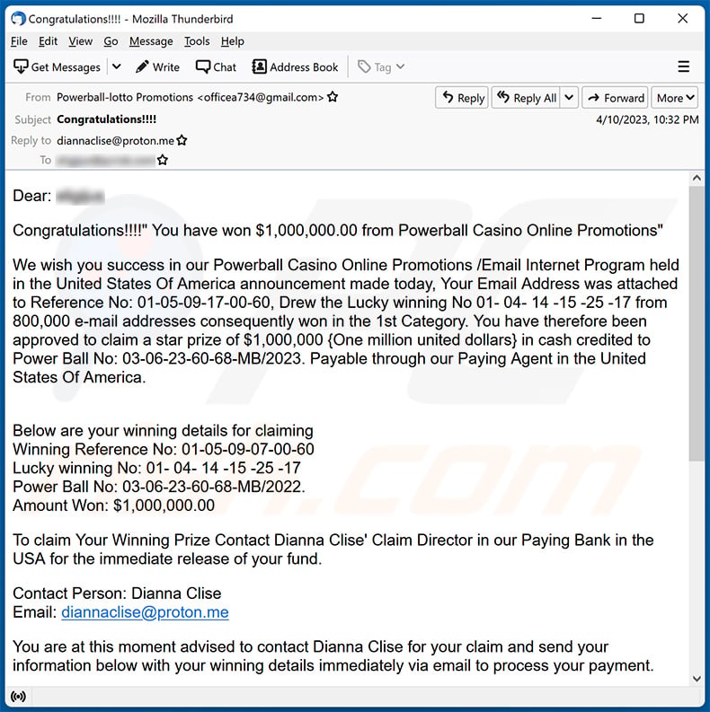 Powerball Casino Online Promotions scam email (2023-04-21)
