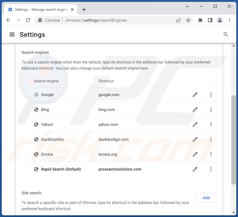 Removing prosearchsolutionz.com from Google Chrome default search engine