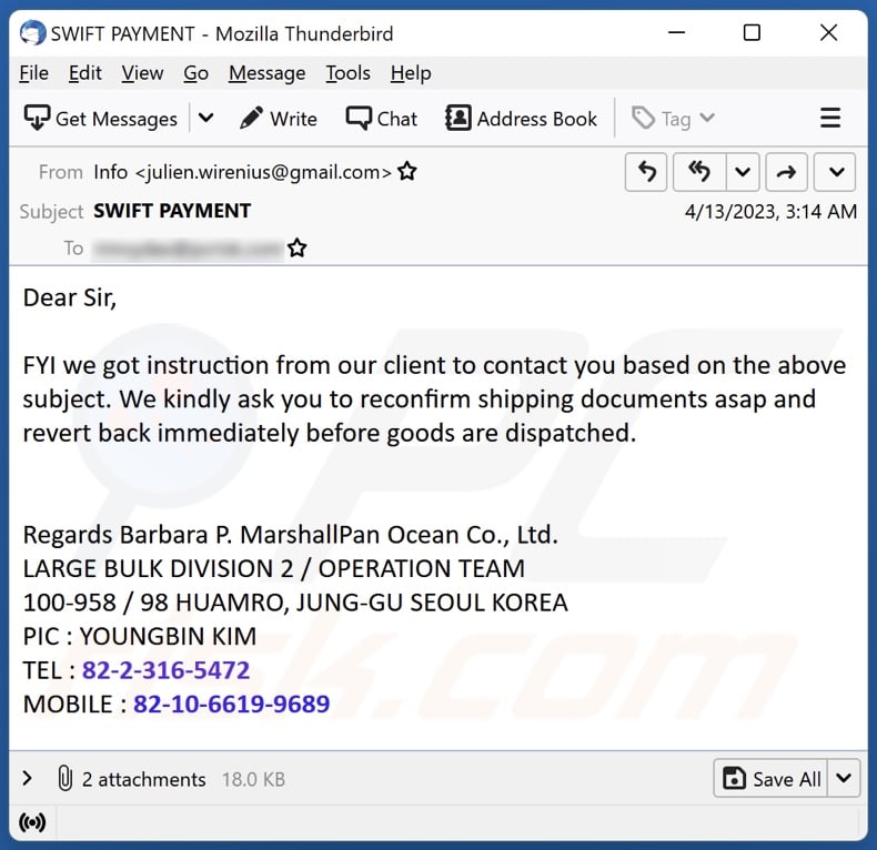 Reconfirm Shipping Documents email spam campaign
