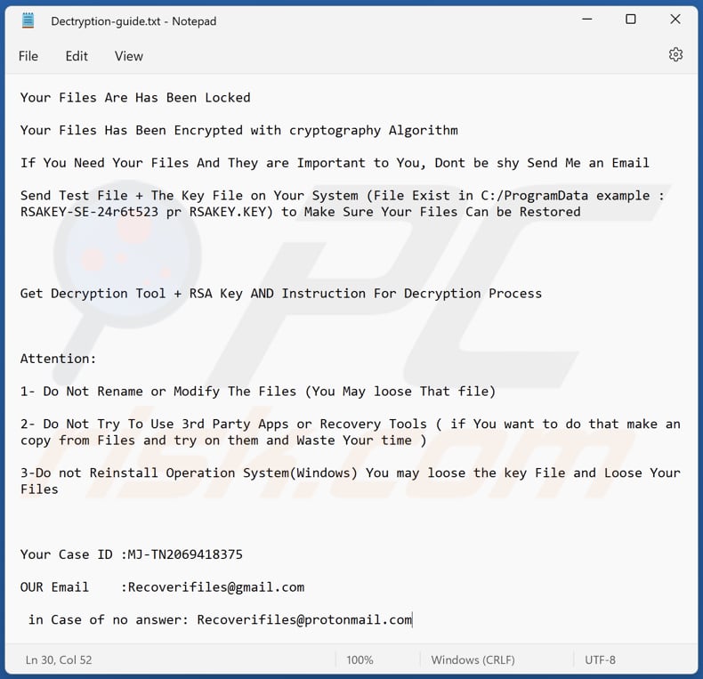 Recov ransomware text file (Dectryption-guide.txt)