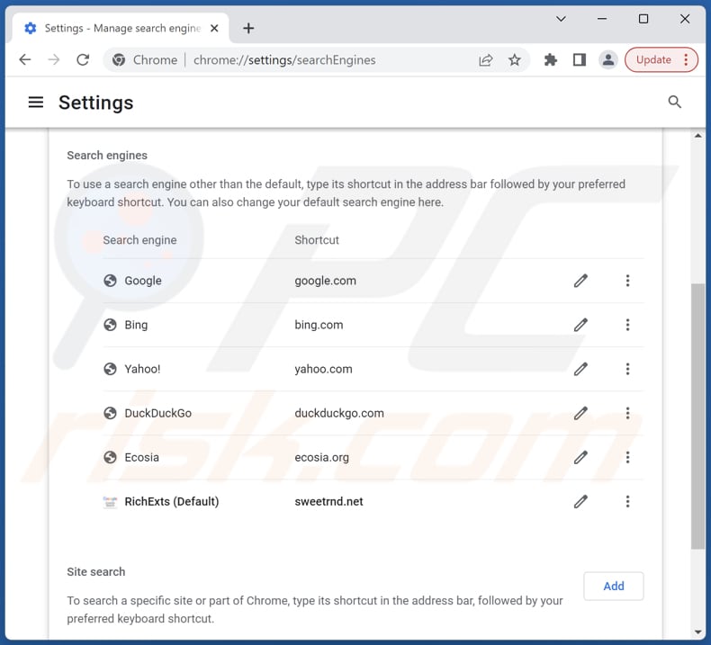 Removing sweetrnd.net from Google Chrome default search engine