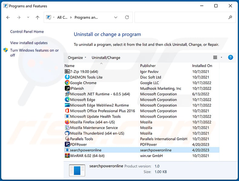 searchpoweronline.com browser hijacker uninstall via Control Panel