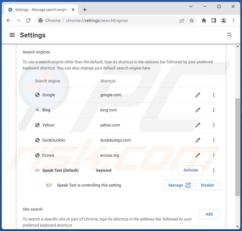 Removing search.speak-text-tab.com from Google Chrome default search engine