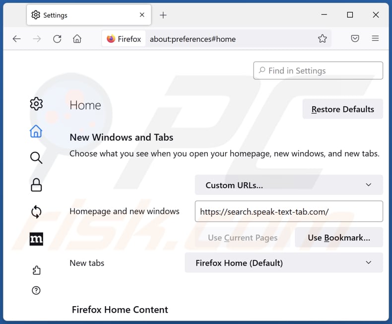 Removing search.speak-text-tab.com from Mozilla Firefox homepage