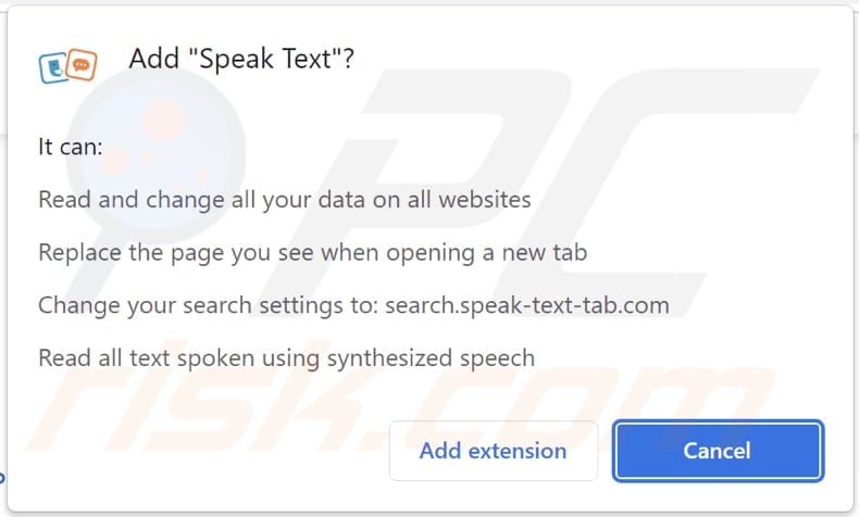 Speak Text browser hijacker asking for permissions