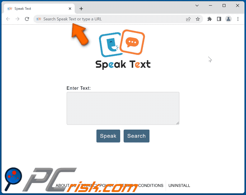 Speak Text browser hijacker search.speak-text-tab.com redirects to bing.com