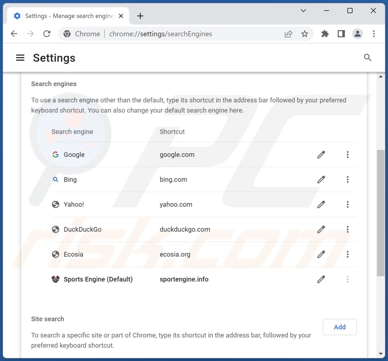 Removing sportengine.info from Google Chrome default search engine