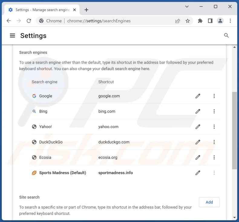 Removing sportmadness.info from Google Chrome default search engine