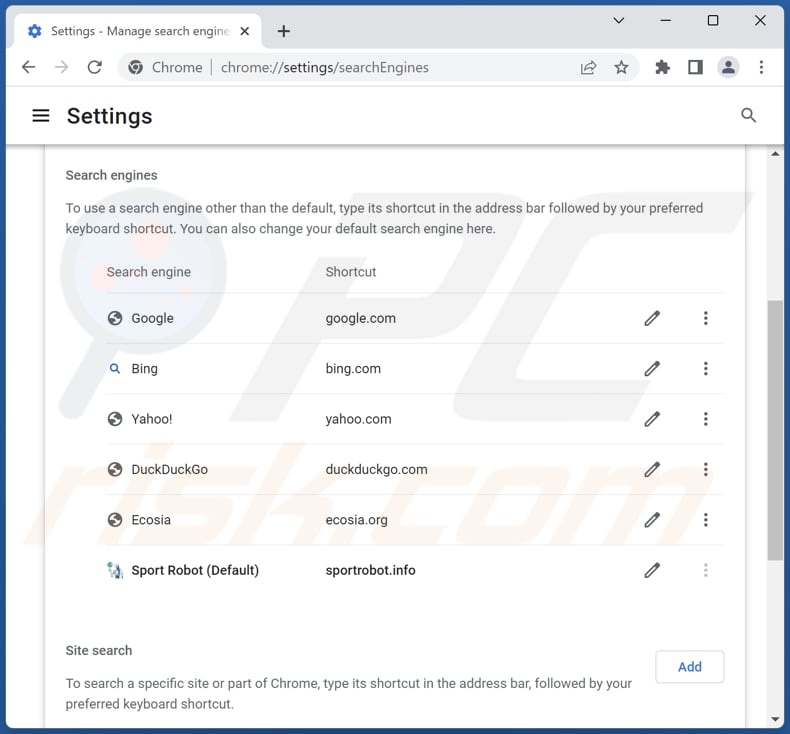 Removing sportrobot.info from Google Chrome default search engine