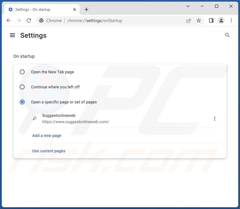 Removing suggestonlineweb.com from Google Chrome homepage