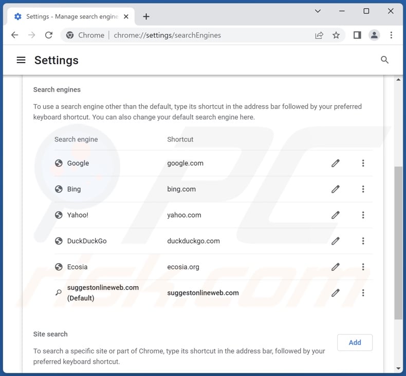 Removing suggestonlineweb.com from Google Chrome default search engine