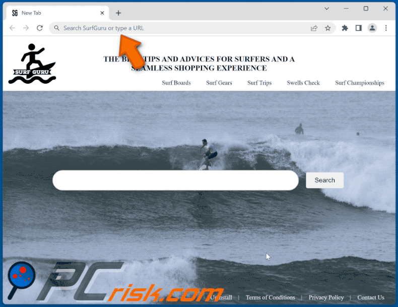 SurfGuru browser hijacker redirecting to Bing (GIF)