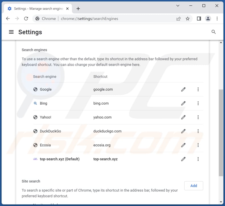 Removing top-search.xyz from Google Chrome default search engine