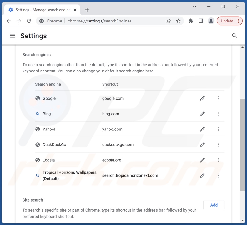 Removing search.tropicalhorizonext.com from Google Chrome default search engine