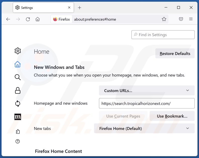 Removing search.tropicalhorizonext.com from Mozilla Firefox homepage